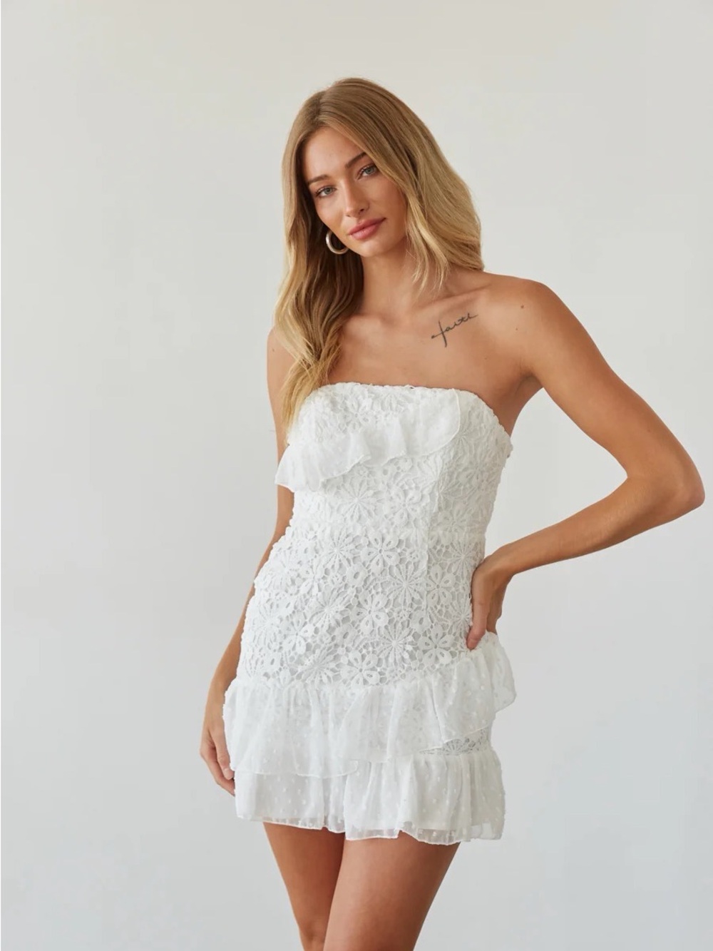 American Threads White Strapless Lace Ruffle Mini Dress
